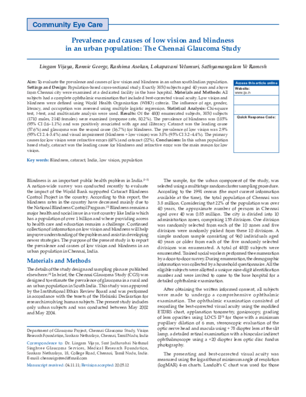 (PDF) Prevalence and causes of low vision and blindness in an urban ...