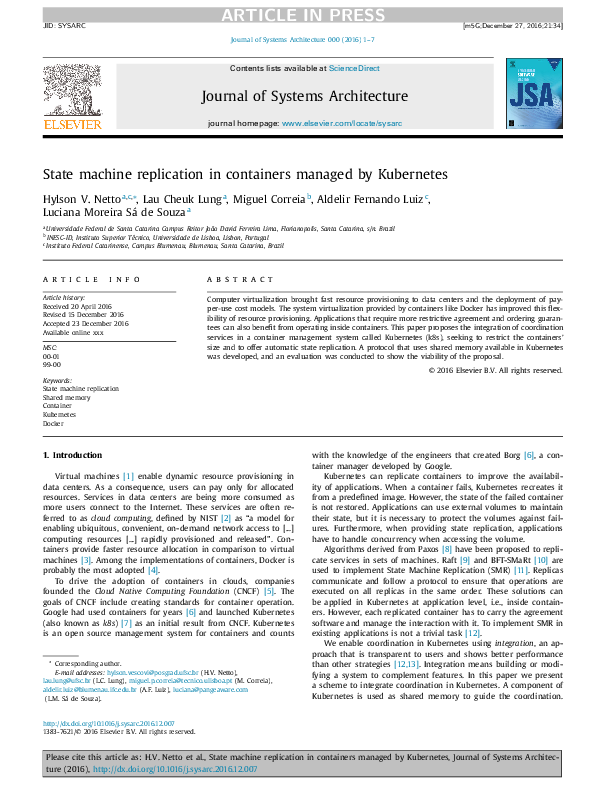 (PDF) State machine replication in containers managed by Kubernetes