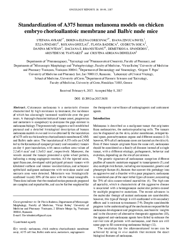 (PDF) Standardization of A375 human melanoma models on chicken embryo ...
