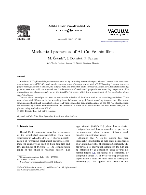 (PDF) Mechanical properties of Al–Cu–Fe thin films