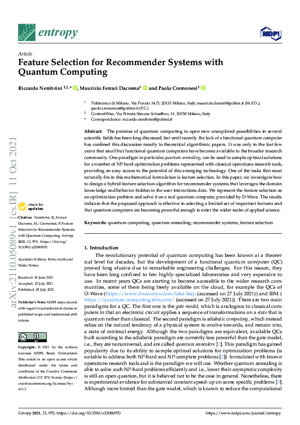 (PDF) Feature Selection for Recommender Systems with Quantum Computing
