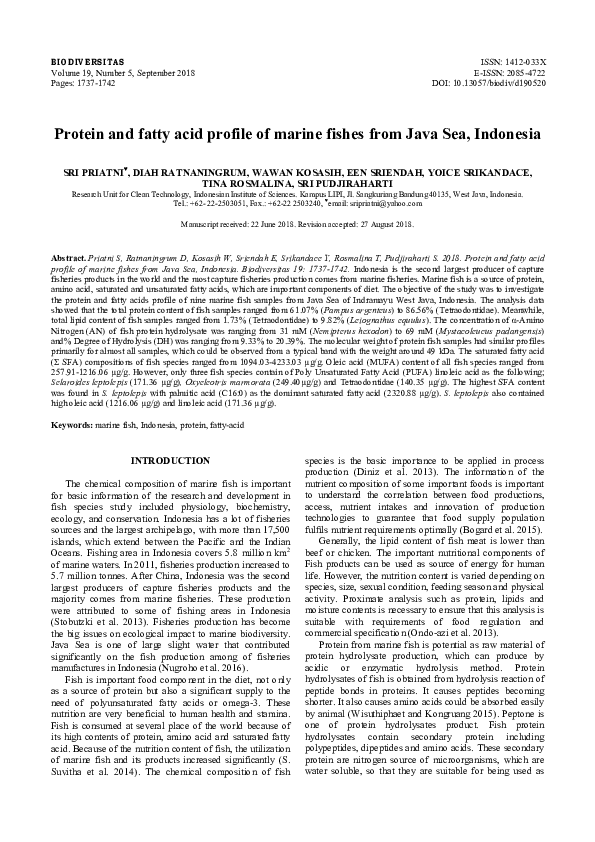 (PDF) Protein and fatty acid profile of marine fishes from Java Sea ...