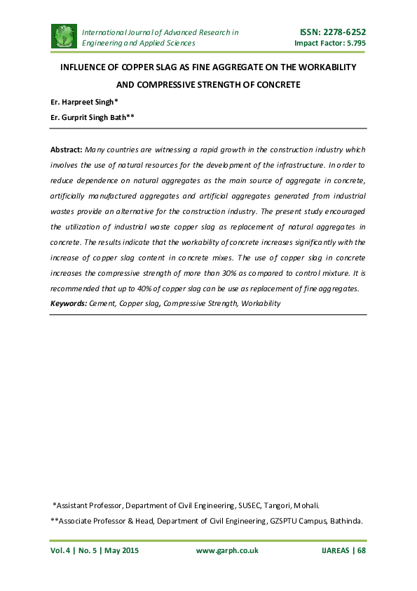 (PDF) Influence of copper slag as fine aggregate on the workability and ...