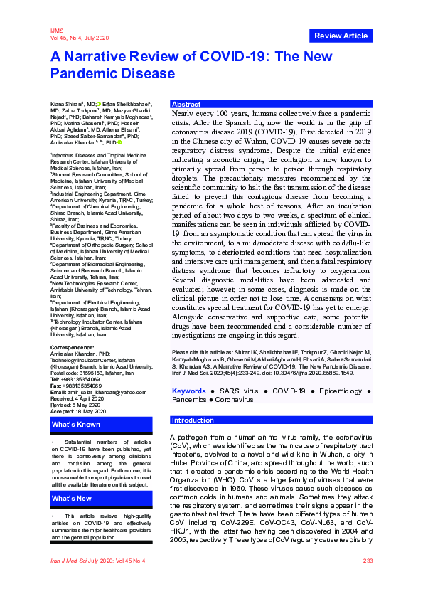 (PDF) A Narrative Review of COVID-19: The New Pandemic Disease