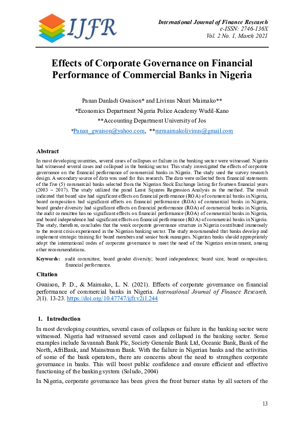 (PDF) Effects of Corporate Governance on Financial Performance of ...