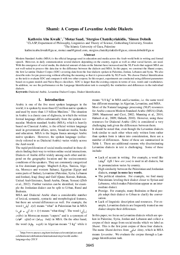 (PDF) Shami: A Corpus of Levantine Arabic Dialects