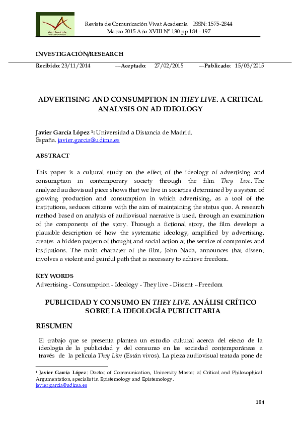 (PDF) Advertising and Consumption in They Live. A Critical Analysis on ...