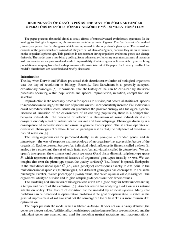Redundancy of genotypes as the way for some advanced operators in evolutionary algorithms-simulation study