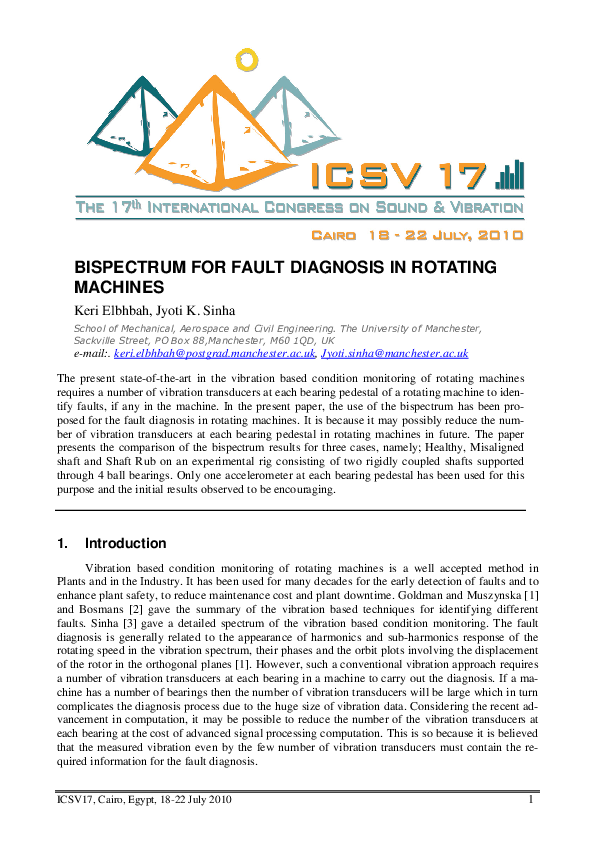 (PDF) Bispectrum for Fault Diagnosis in Rotating Machines