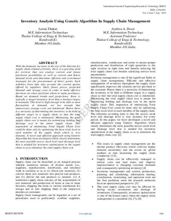 (PDF) Inventory Analysis Using Genetic Algorithm In Supply Chain Management