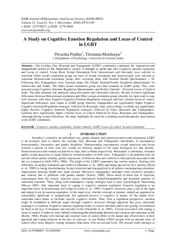 (PDF) A Study on Cognitive Emotion Regulation and Locus of Control in LGBT