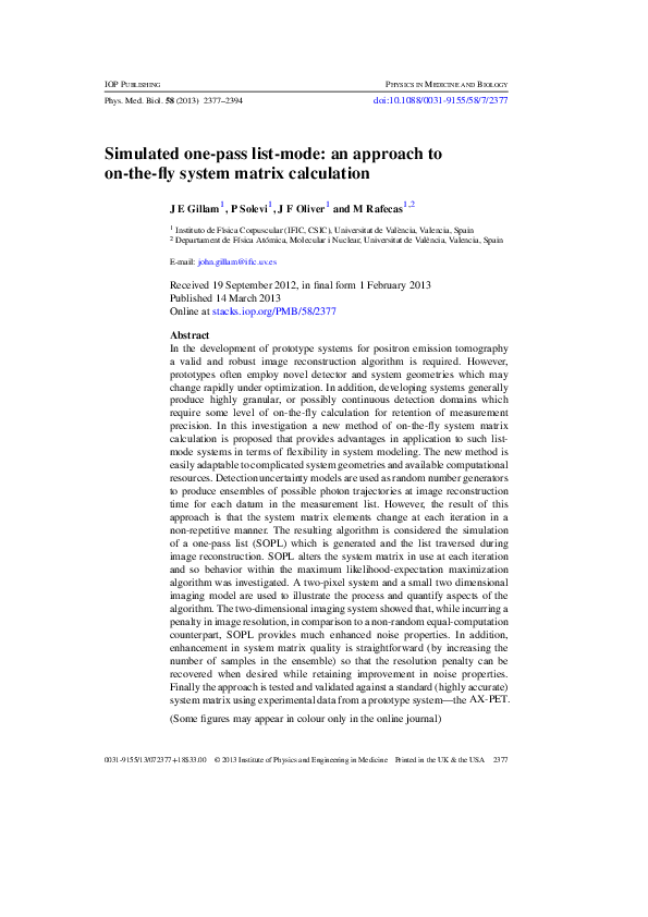 (PDF) Simulated one-pass list-mode: an approach to on-the-fly system ...