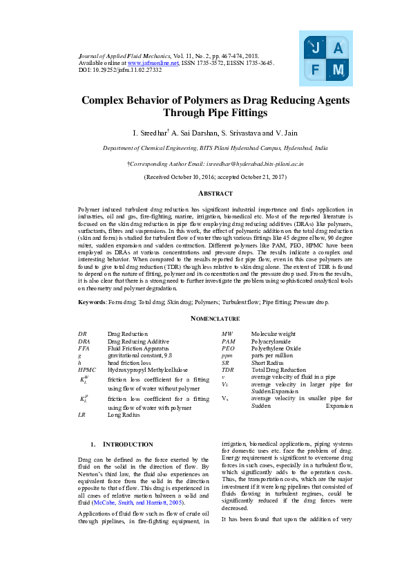 (PDF) Complex Behavior of Polymers as Drag Reducing Agents Through Pipe ...