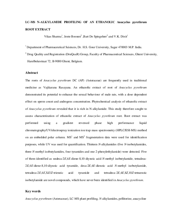 (PDF) LC-MS N-alkylamide Profiling of an Ethanolic Anacyclus pyrethrum ...