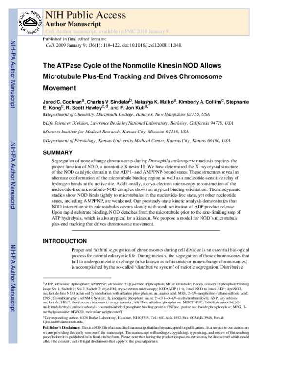 (PDF) ATPase cycle of the nonmotile kinesin NOD allows microtubule end ...
