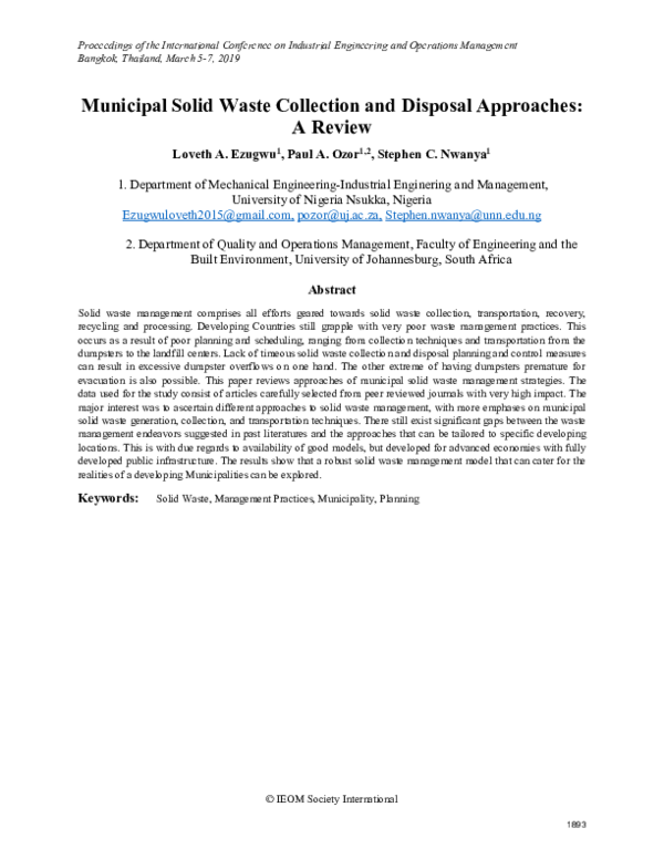 (PDF) Municipal Solid Waste Collection and Disposal Approaches: A Review