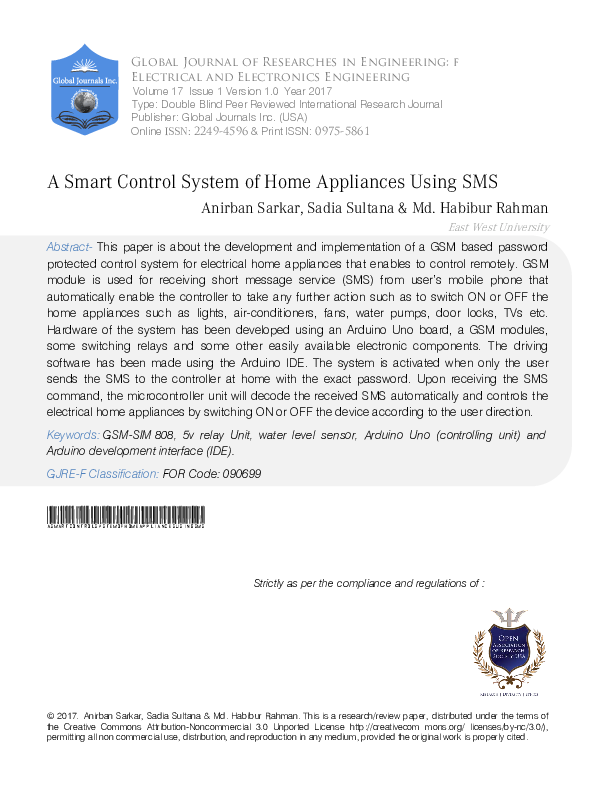 (PDF) A Smart Control System of Home Appliances using SMS
