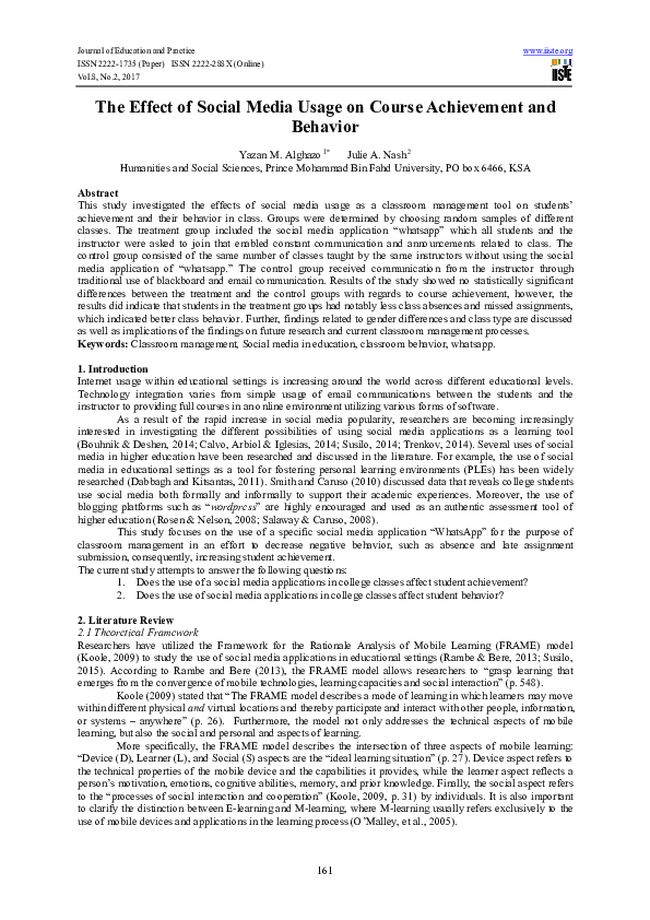 (PDF) The Effect of Social Media Usage on Course Achievement and Behavior