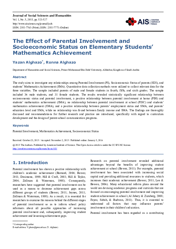 (PDF) The Effect of Parental Involvement and Socioeconomic Status on ...