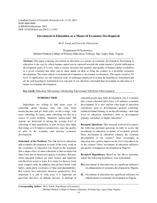 (PDF) Investment in Education as a Means of Economic Development