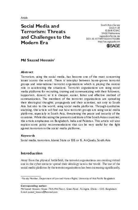 (PDF) Social Media and Terrorism: Threats and Challenges to the Modern Era