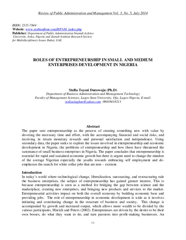 (PDF) Roles of Entrepreneurship in Small and Medium Enterprises ...