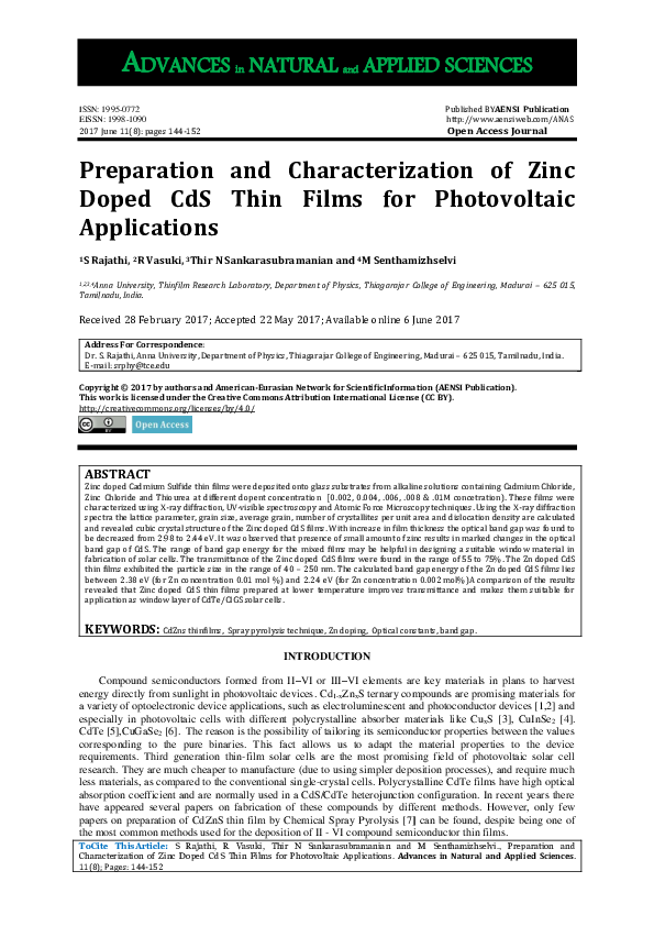 (PDF) Preparation and Characterization of Zinc Doped CdS Thin Films for ...