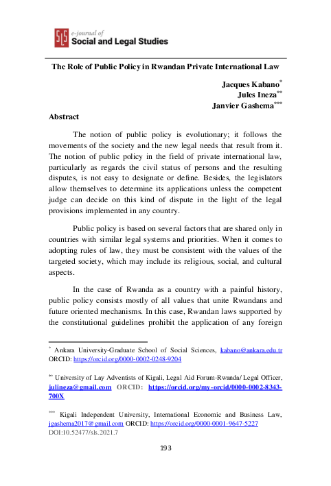 (PDF) The Role of Public Policy in Rwandan Private International Law