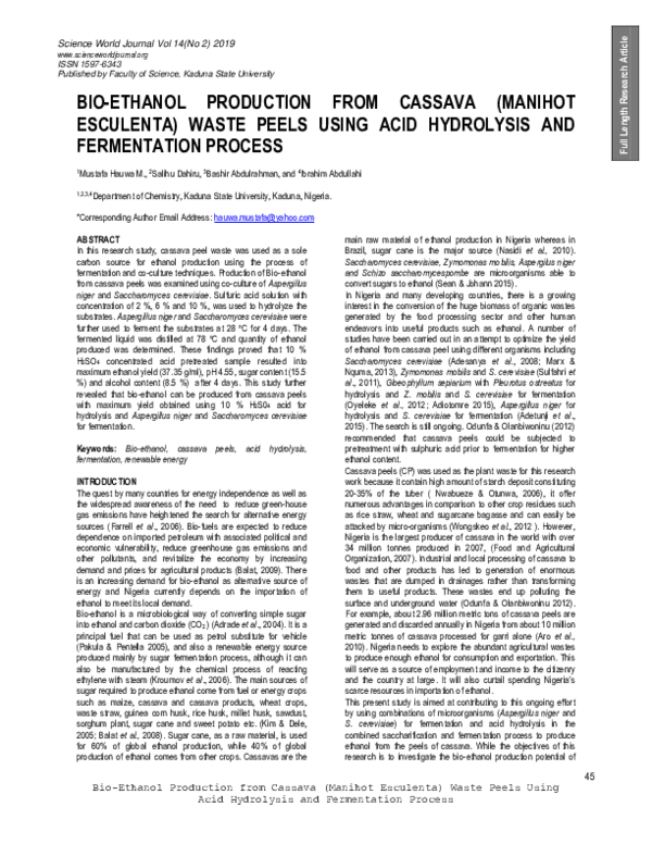 (PDF) Ethanol Production from Cassava ( Manihot Esculenta ) Waste Peels ...