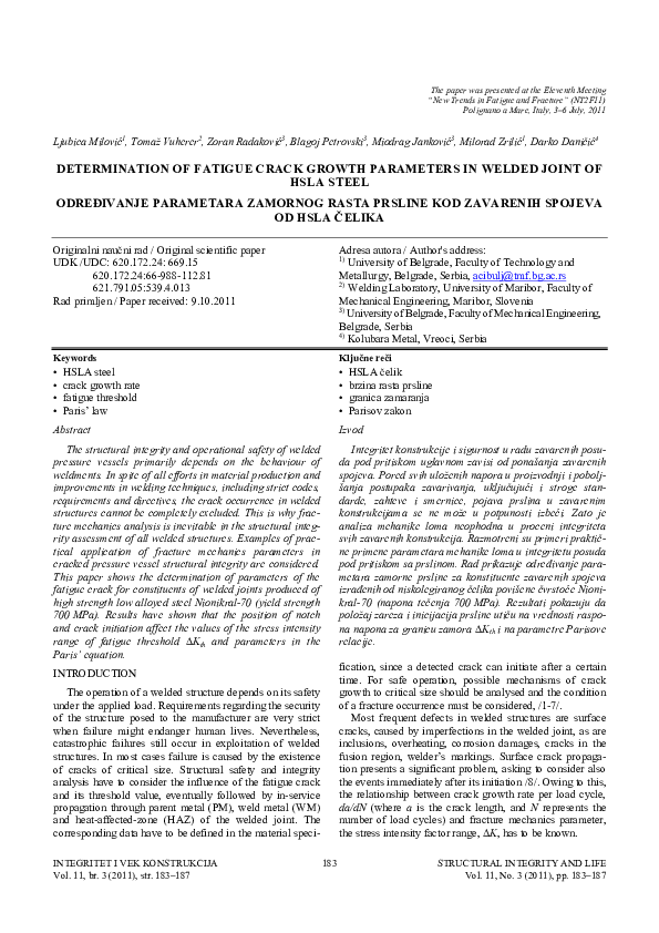 (PDF) Determination of fatigue crack growth parameters in welded joint ...