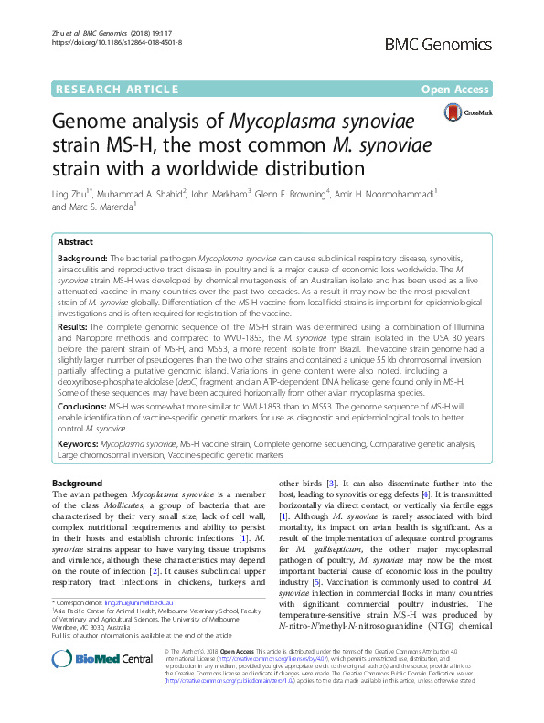 (PDF) Genome analysis of Mycoplasma synoviae strain MS-H, the most ...