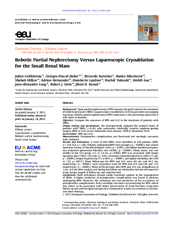 (PDF) Robotic partial nephrectomy versus laparoscopic cryoablation for ...