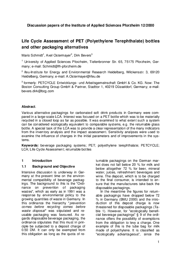 (PDF) Life Cycle Assessment of PET ( Polyethylene Terephthalate ...