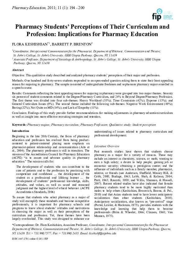 (PDF) Pharmacy Students’ Perceptions of Their Curriculum and Profession ...