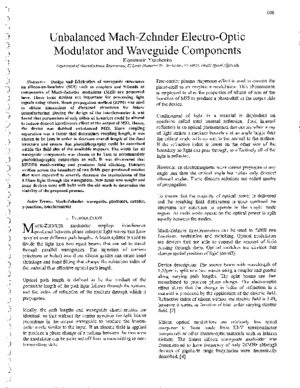 (PDF) Unbalanced MachZehnder ElectroOptic Modulator and Waveguide