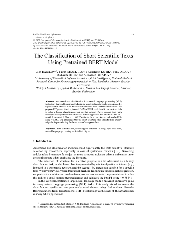 (PDF) The Classification of Short Scientific Texts Using Pretrained ...