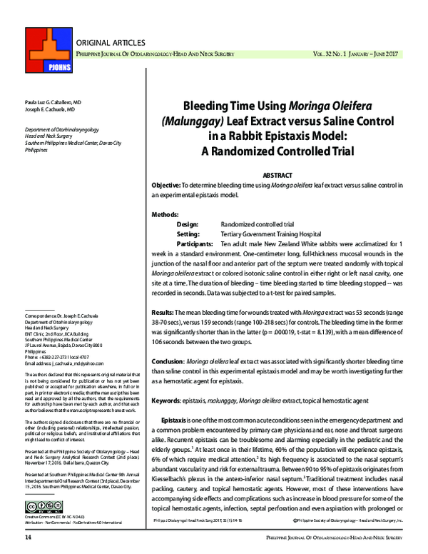 (PDF) Bleeding Time using Moringa oleifera (Malunggay) Leaf Extract ...