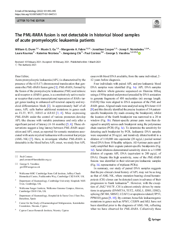 (PDF) The PML-RARA fusion is not detectable in historical blood samples ...