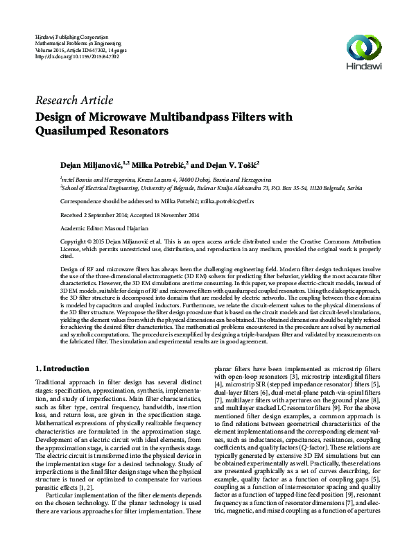 (PDF) Design of Microwave Multibandpass Filters with Quasilumped Resonators