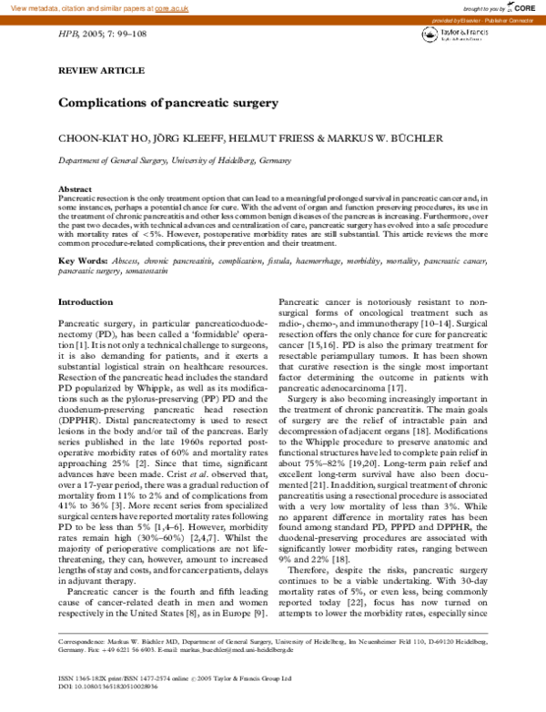(PDF) Complications of pancreatic surgery