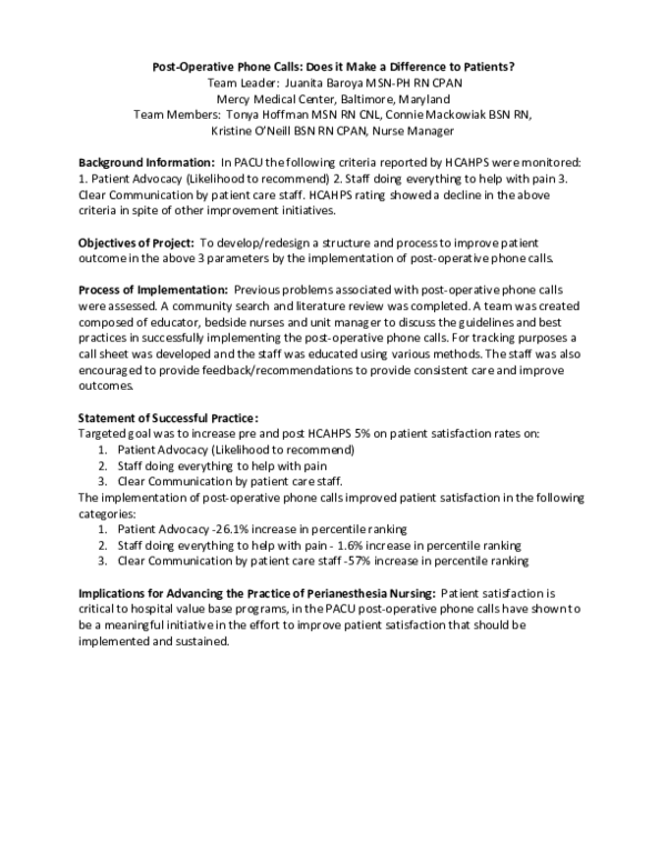 (PDF) Post-Operative Phone Calls: Does it Make a Difference to Patients?