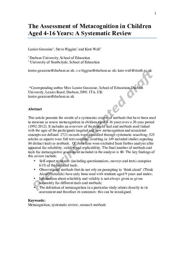 (PDF) The assessment of metacognition in children aged 4-16 years: a ...