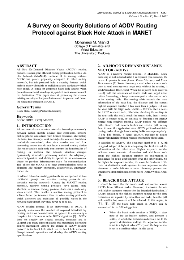 (PDF) A Survey on Security Solutions of AODV Routing Protocol against ...