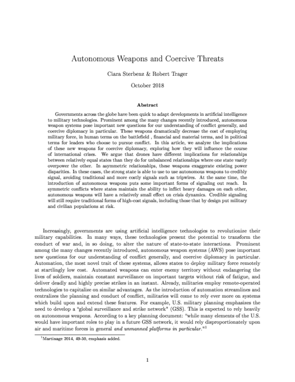 (PDF) Autonomous Weapons And Coercive Threats Robert Trager Academia.edu
