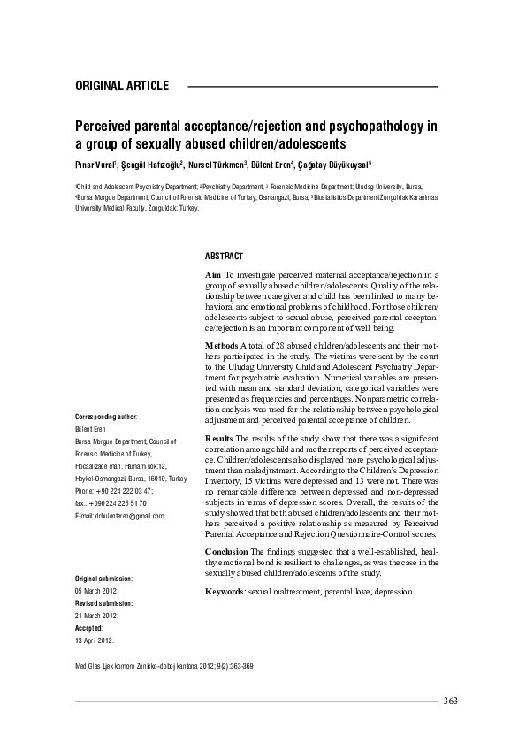 (PDF) Perceived parental acceptance/rejection and psychopathology in a ...