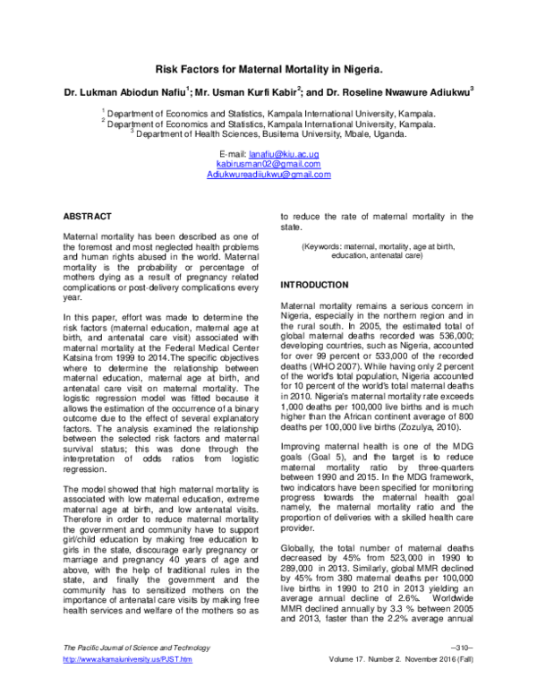 (PDF) Risk Factors for Maternal Mortality in Nigeria