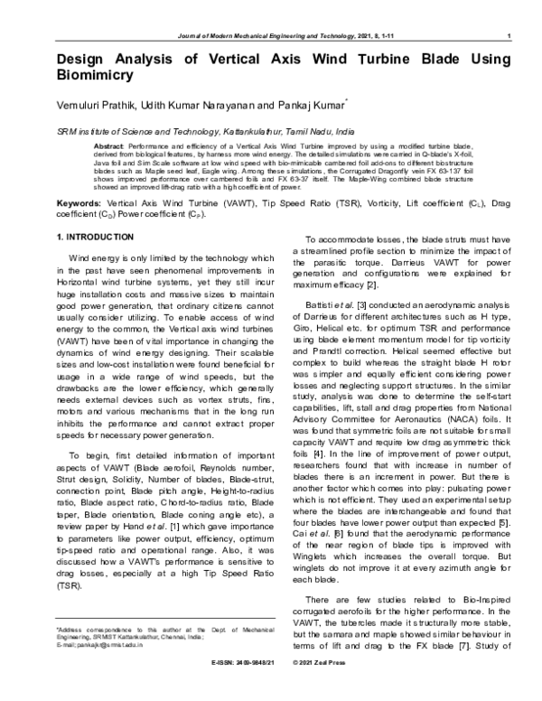 (PDF) Design Analysis of Vertical Axis Wind Turbine Blade Using Biomimicry