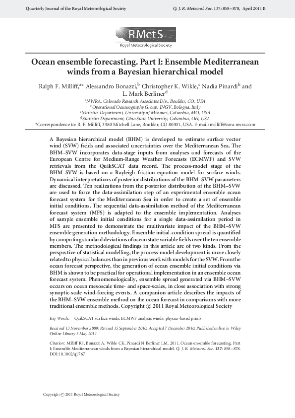 PDF) Ocean ensemble forecasting. Part I: Ensemble Mediterranean winds from  a Bayesian hierarchical model | Ralph Milliff - Academia.edu