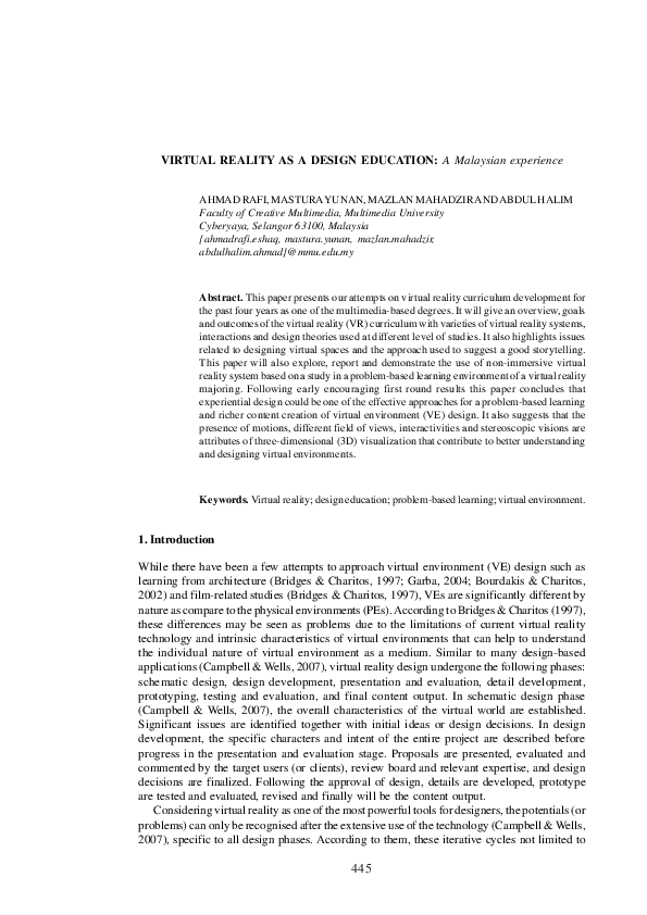 (PDF) VIRTUAL REALITY AS A DESIGN EDUCATION 445 VIRTUAL REALITY AS A ...