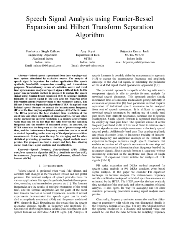 (PDF) Speech signal analysis using Fourier-Bessel Expansion and Hilbert ...